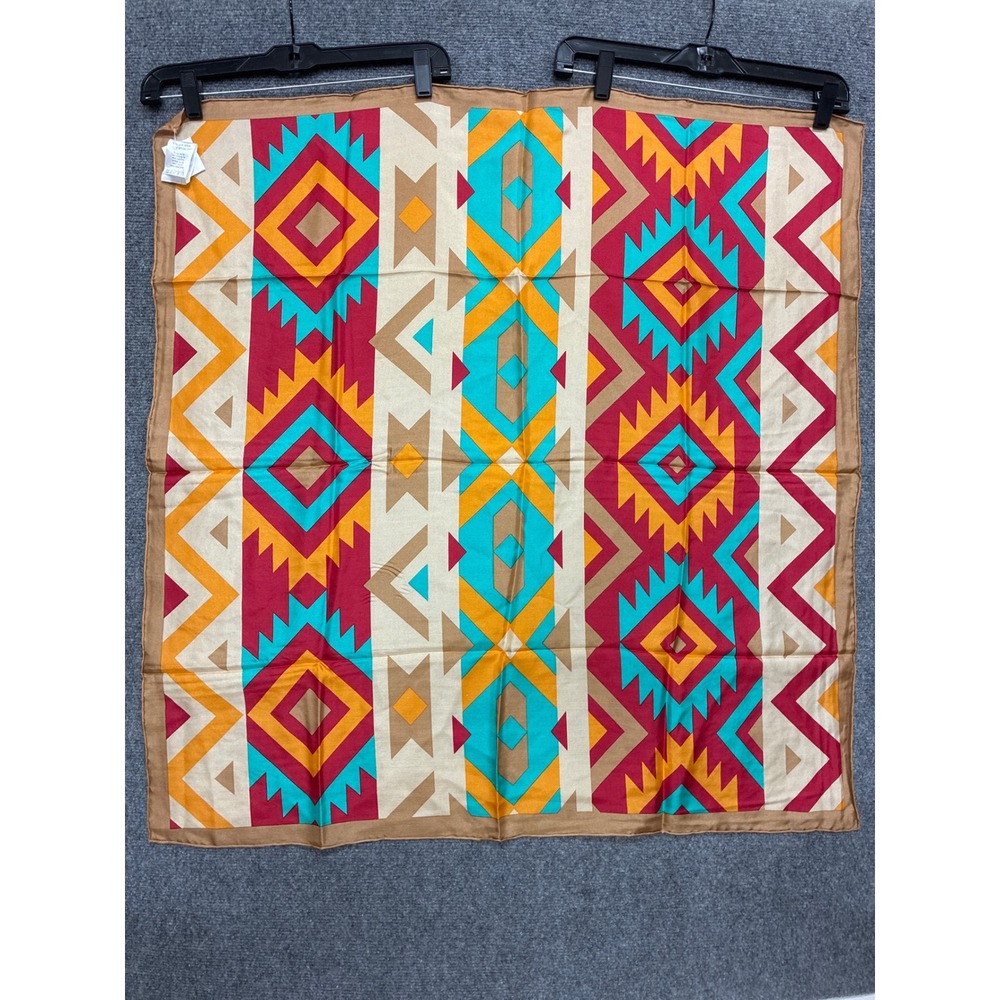 100% Silk Southwestern Geometric Square Scarf Turquoise Red Orange Tribal